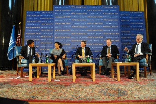 "Delivering Hope" panelists and moderator, Lance Armstrong, Dr. Wafaa El-Sadr, Dr. Paul Farmer, Dr. Sanjay Gupta, and Dr. Lawrence Shulman discuss strides made and challenges within the non-communicable disease sector