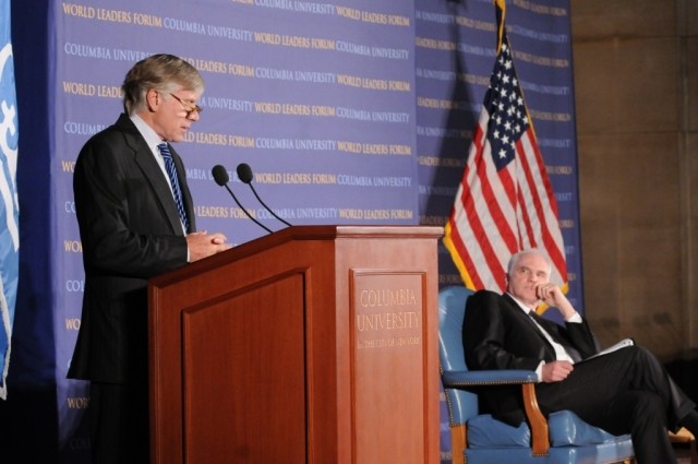 Lee C. Bollinger, President of Columbia University, welcomes Daniel K. Tarullo, Board of Governors of the Federal Reserve System, to Columbia University’s World Leaders Forum on October 20, 2011.