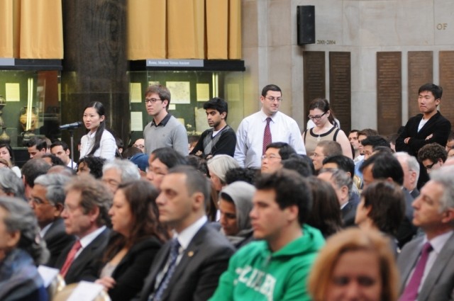 Columbia University students line up to ask Secretary-General Ban Ki-moon a question during the question and answer session.