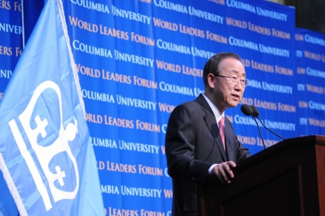 Ban Ki-moon, Secretary-General of the United Nations, delivers his address to the Columbia University community and University Presidents and Faculty members as part of the 2012 Global Colloquium of University Presidents.