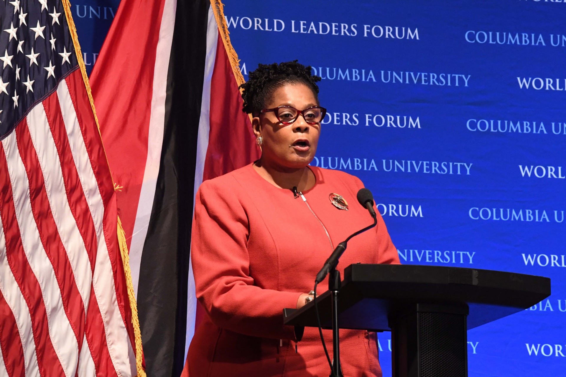 President Paula-Mae Weekes of the Republic of Trinidad and Tobago delivers her/his address, “Glass Ceilings and Dirt Floors,” to Columbia University students, faculty and staff.