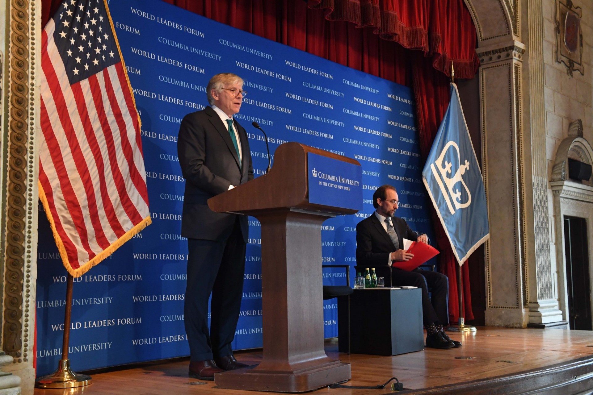 Lee C. Bollinger, President of Columbia University in the City of New York begins the World Leaders Forum with an introduction of Mr. Zeid Ra'ad Al Hussein, United Nations High Commissioner for Human Rights.