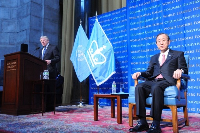 Lee C. Bollinger, President of Columbia University, welcomes Ban Ki-moon, Secretary-General of the United Nations, to Columbia University's World Leaders Forum on April 2, 2012.