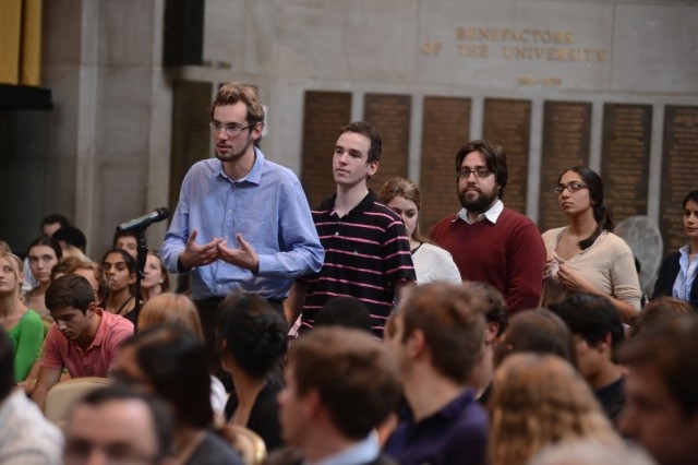 Columbia University students and community members line up to ask His Excellency Herman Van Rompuy a question during the question and answer session.