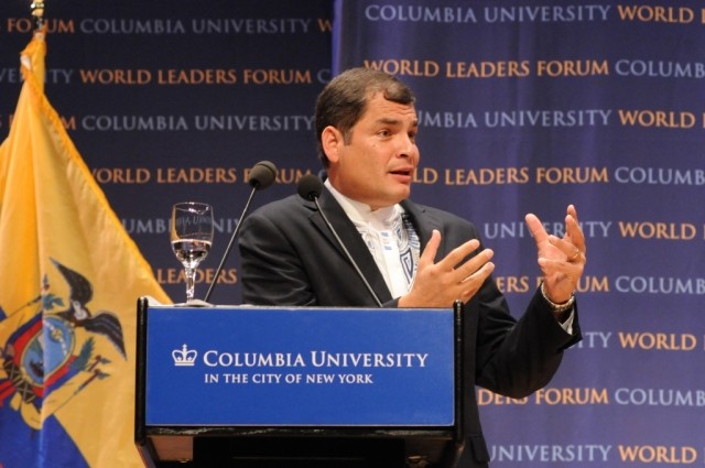 Rafael Correa, President of Ecuador delivers his address titled “Vulnerable Societies: Media and Democracy in Latin America," in Miller Theatre
