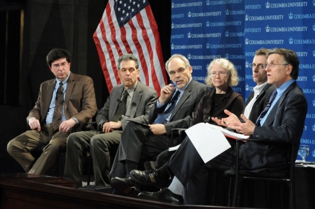 Program moderator William Glasgall (right), with panelists (from left) George Deodatis, Benjamin S. Orlove, Irwin Redlener, Cynthia Rosenzweig, Adam H. Sobel, engage in a discussion about Hurricane Sandy and climate change.
