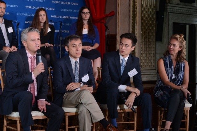 Michael Pippenger, Dean of Undergraduate Global Programs and Assistant VP for International Education, and Charles Armstrong, The Korea Foundation Professor of Korean Studies in the Social Sciences, answer questions from the audience alongside students.