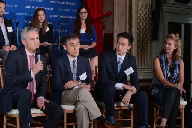 Michael Pippenger, Dean of Undergraduate Global Programs and Assistant VP for International Education, and Charles Armstrong, The Korea Foundation Professor of Korean Studies in the Social Sciences, answer questions from the audience alongside students. 