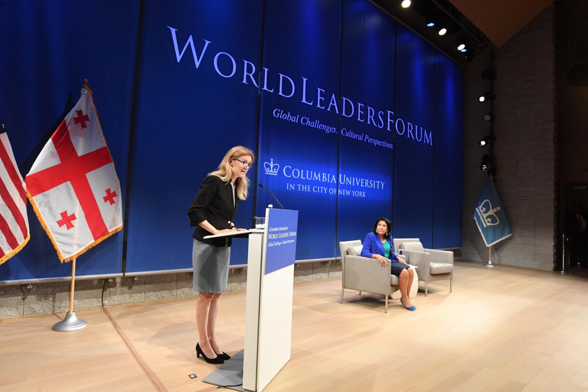 Maya Tolstoy, Interim Executive Vice President for Arts and Sciences and Dean of the Faculty of Arts and Sciences begins the World Leaders Forum with an introduction of President Salome Zourabichvili of Georgia.