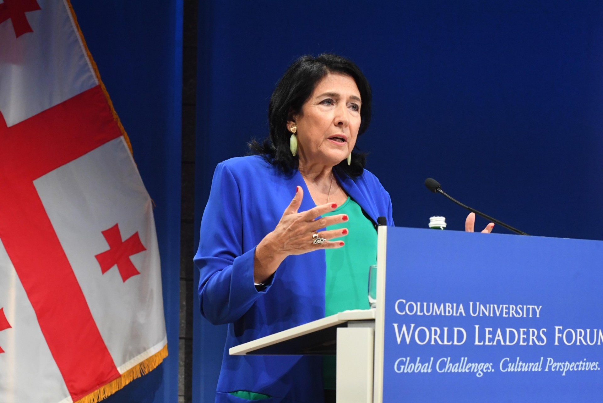 President Salome Zourabichvili of Georgia delivers her address "Georgia - land of attraction and opportunities: despite conflicts a regional player with Euro-Atlantic drive" to Columbia faculty, staff, and students.