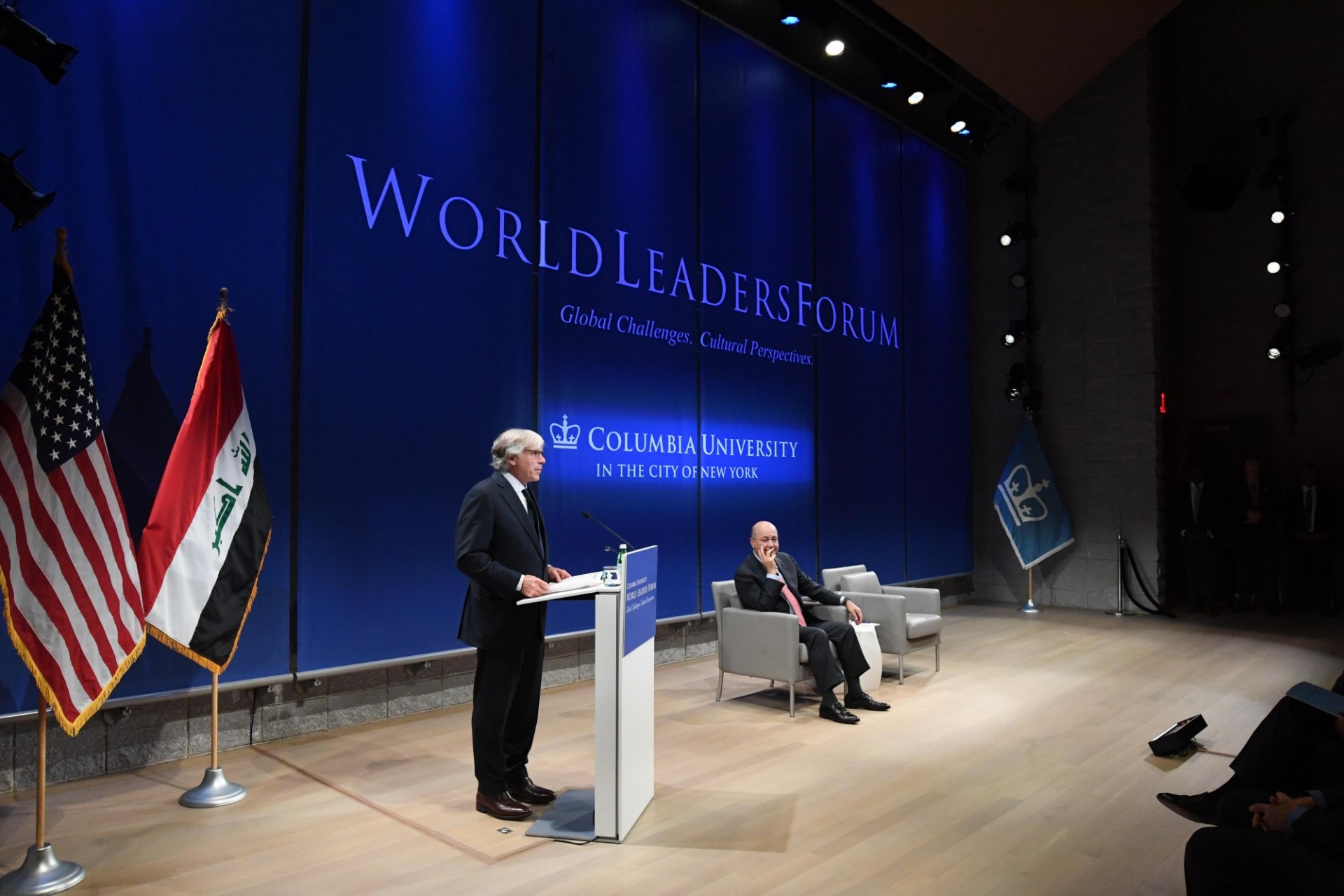 Lee C. Bollinger, President of Columbia University in the City of New York begins the World Leaders Forum with an introduction of President Barham Salih of Iraq..