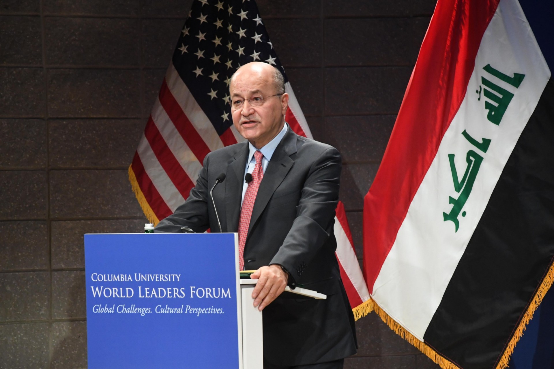 President Barham Salih of Iraq delivers his address to Columbia University students, faculty and staff.
