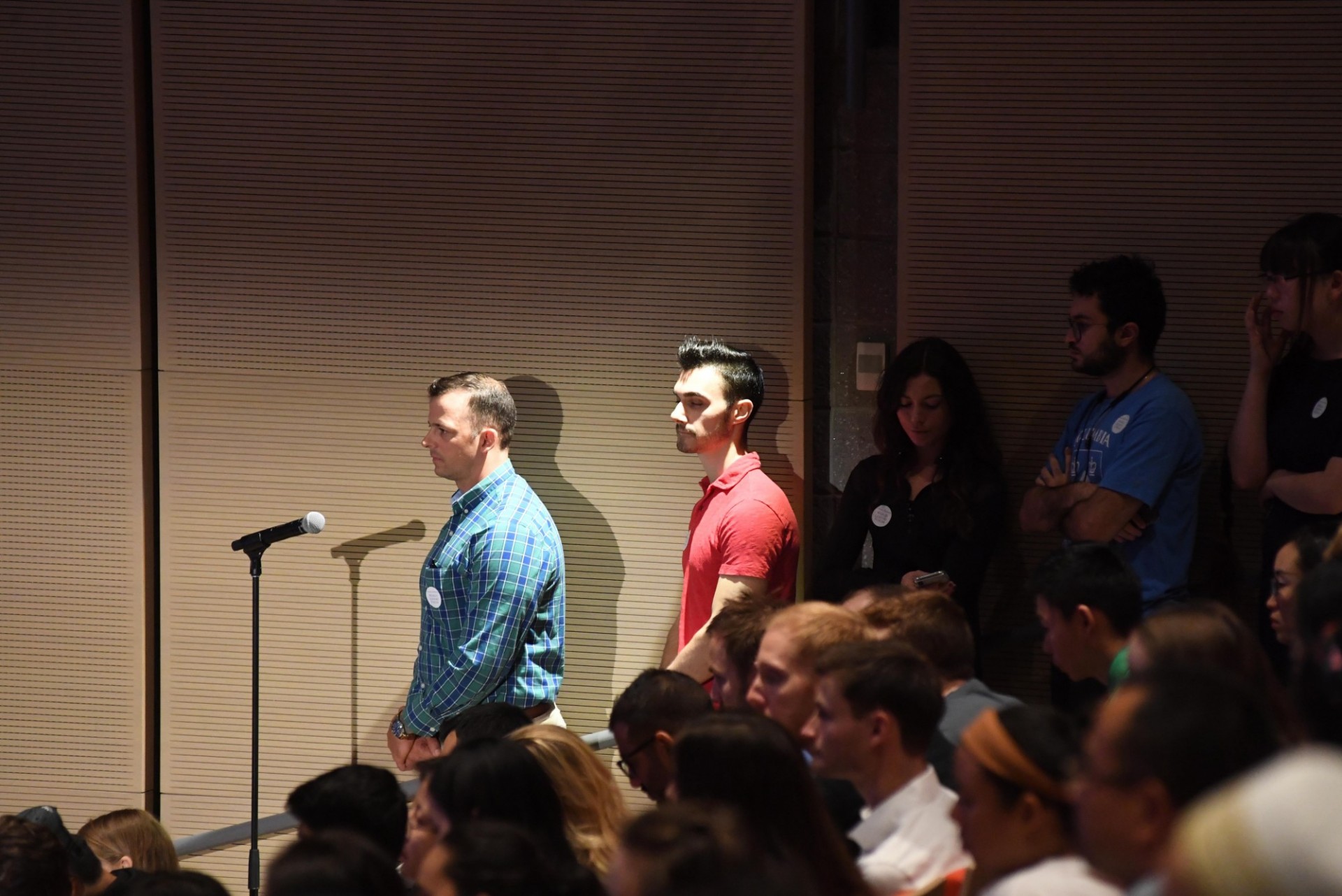 Columbia University students line up to ask President Barham Salih of Iraq a question during the question and answer session.