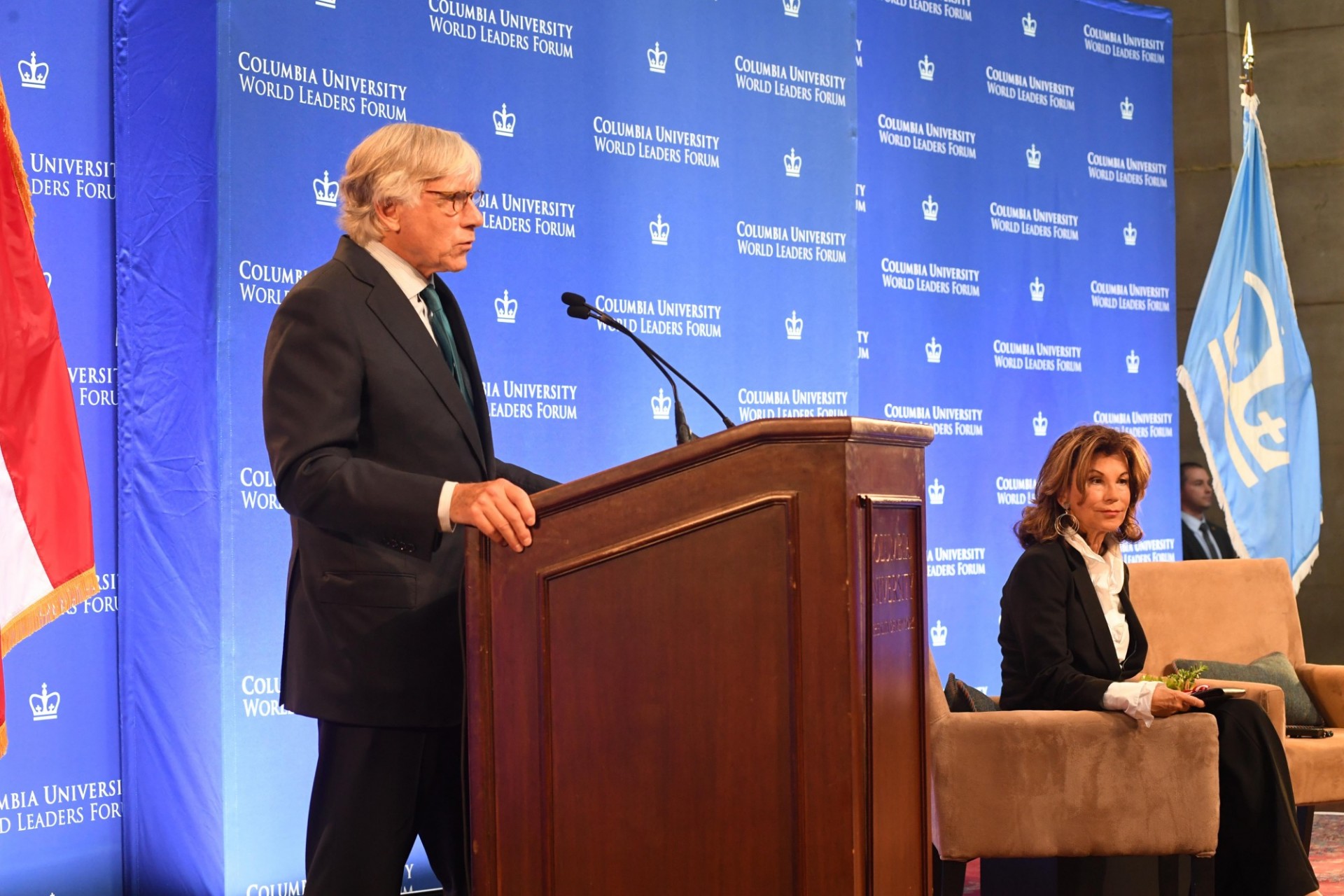 Lee C. Bollinger, President, Columbia University in the City of New York begins the World Leaders Forum with an introduction of Federal Chancellor Brigitte Bierlein of the Republic of Austria.