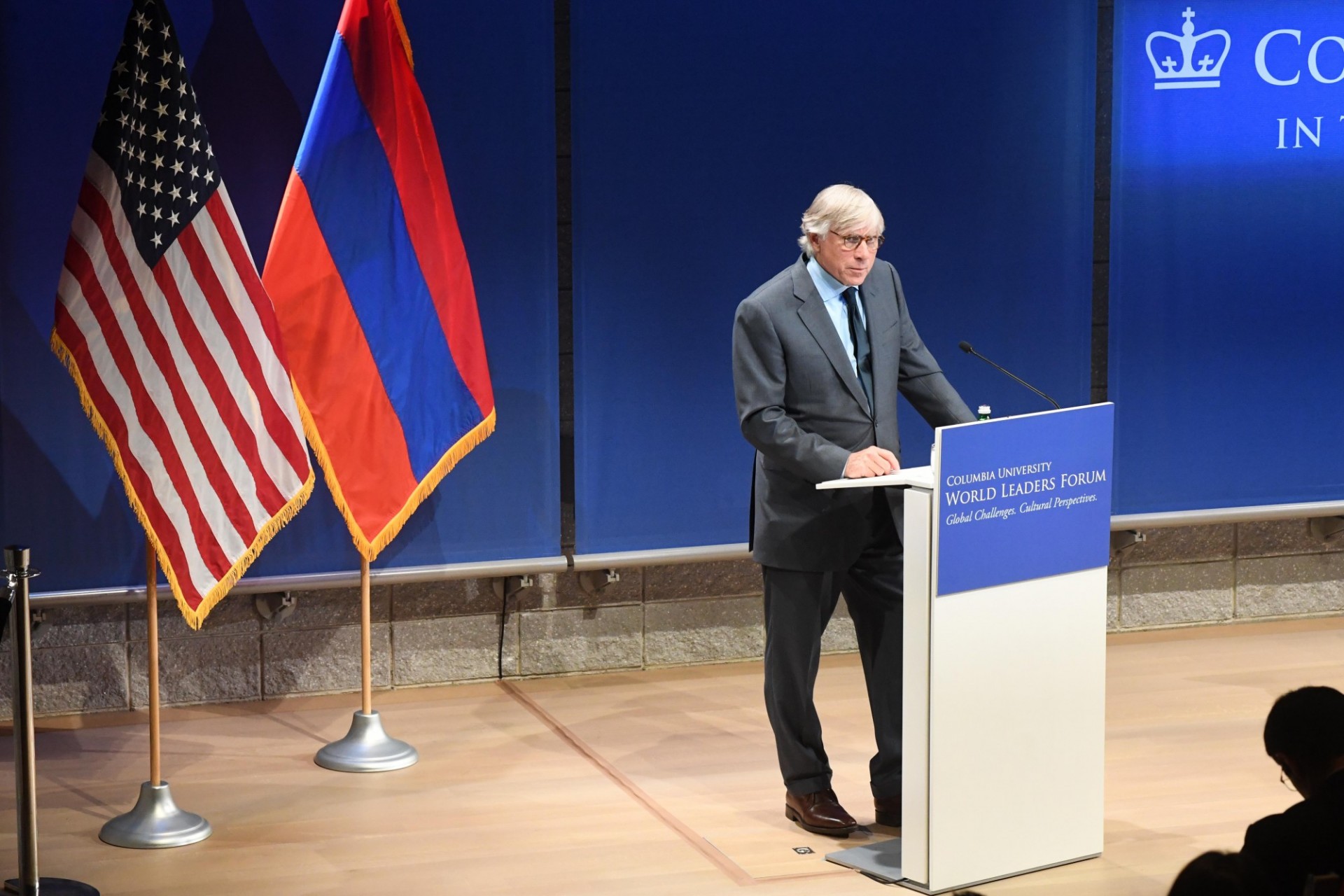 Lee C. Bollinger, President, Columbia University in the City of New York begins the World Leaders Forum with an introduction of Prime Minister Nikol Pashinyan of Armenia.