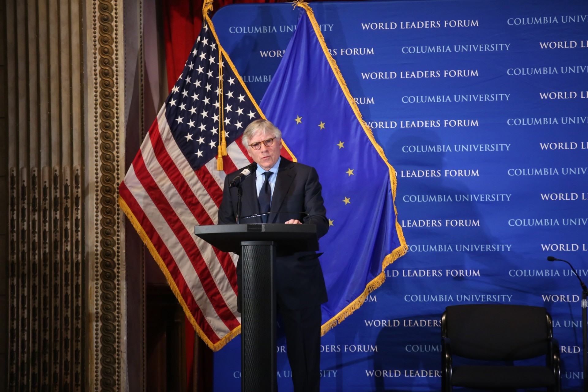 Lee C. Bollinger, President, Columbia University in the City of New York begins the World Leaders Forum with an introduction of President Antonio Tajani of the European Parliament.
