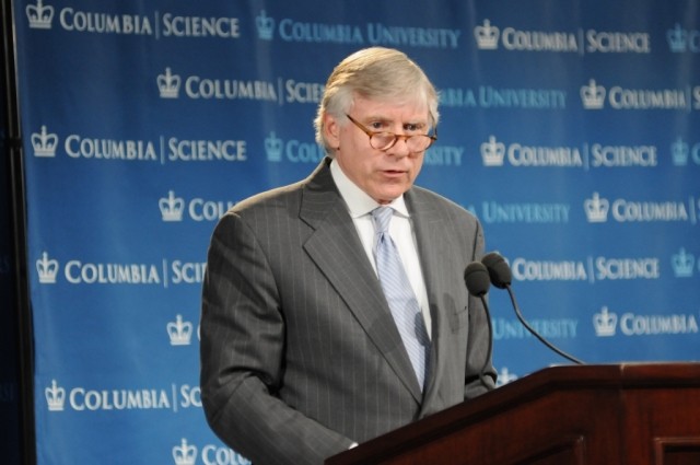 Lee C. Bollinger, President of Columbia University, welcomes panelists Michael Tuts, Brian Greene, Dennis Overbye, Mariette DiChristina and Amber Miller to Columbia University's World Leaders Forum on April 18, 2012.
