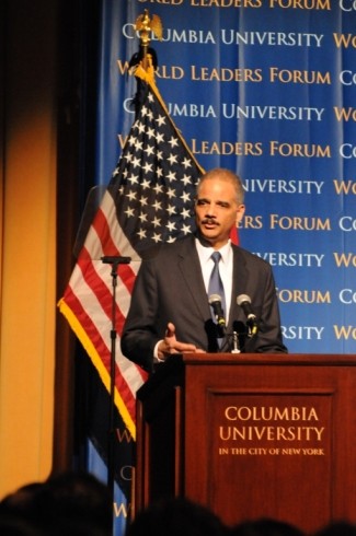 Eric H. Holder Jr., Attorney General of the United States, speaks on the topic of the efforts to combat financial fraud by the Department of Justice, to the Columbia University community.