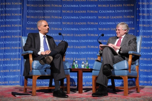 Eric H. Holder Jr., Attorney General of the United States, with Lee C. Bollinger, President of Columbia University, during the question and answer session.