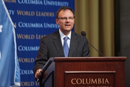 Timothy Frye, Marshall D. Shulman Professor of Post-Soviet Foreign Policy and Director of the Harriman Institute, welcomes His Excellency Borut Pahor, President of Slovenia, to the World Leaders Forum on September 26, 2013.