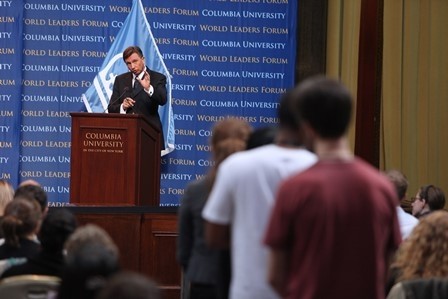 Columbia University students and community members line up to ask His Excellency Borut Pahor questions during the question and answer session.