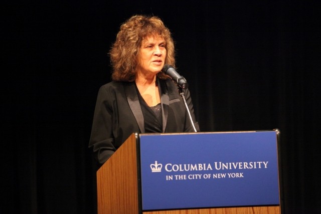 Carol Becker, Dean of the School of the Arts, welcomes Isaac Julien filmmaker and installation artist to Columbia University’s World Leaders Forum on November 17, 2011.
