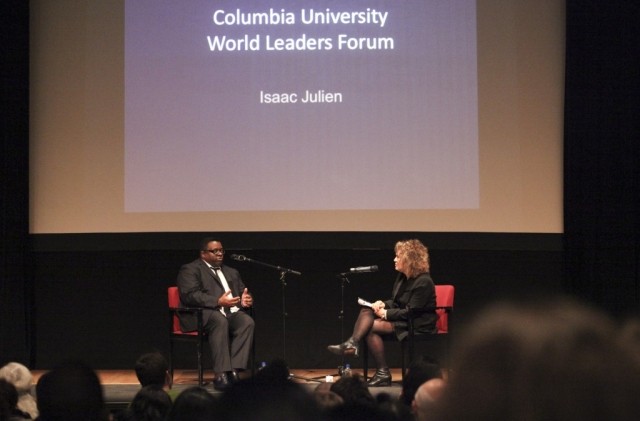 Carol Becker, Dean of the School of the Arts, moderates the question and answer session with Isaac Julien and the audience.