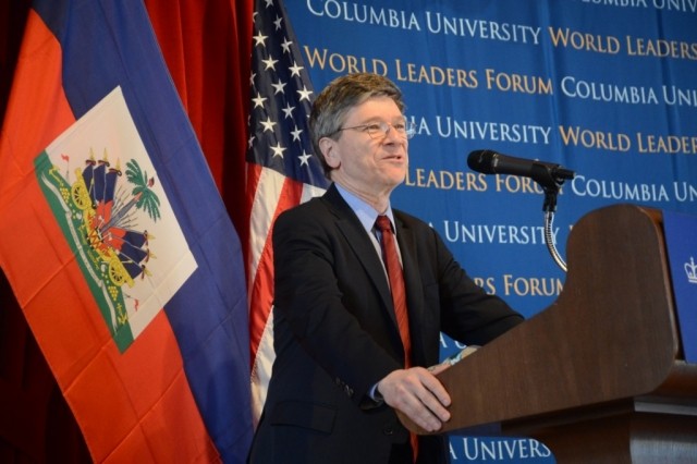 Jeffrey D. Sachs, Director of The Earth Institute, welcomes Laurent Lamothe, Prime Minister of the Republic of Haiti, to Columbia’s World Leaders Forum on April 22, 2013.