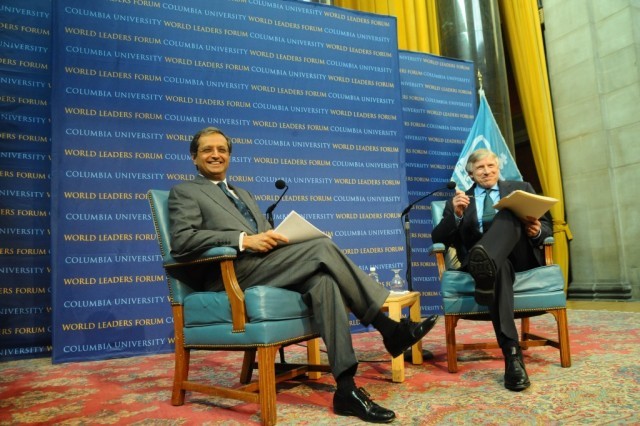 President Lee C. Bollinger moderates a discussion with Dr. Pandit.