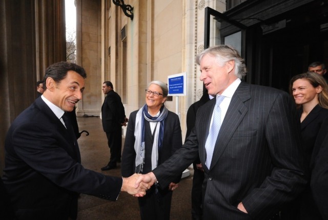 Lee C. Bollinger and Jean Magnano Bollinger welcome President Nicolas Sarkozy to Columbia University.