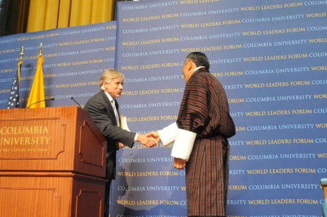 President Lee C. Bollinger greets Prime Minister Jigmi Y. Thinley.