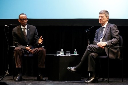 President Kagame and Jeffrey Sachs engage in a discussion during the question and answer session with the audience.