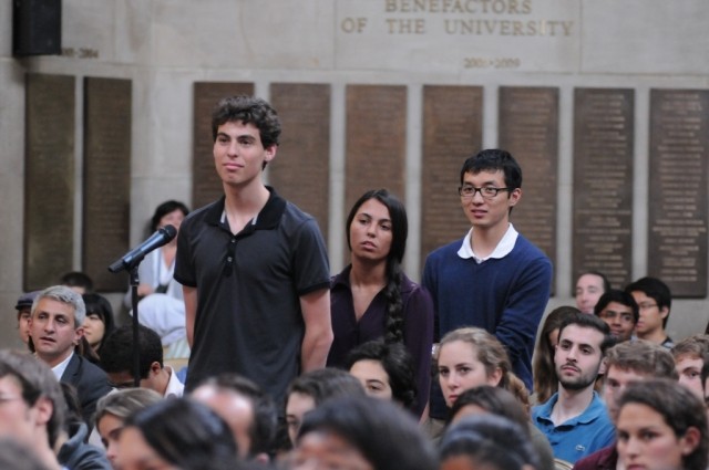 Columbia University students line up to ask President Jahjaga a question during the question and answer session