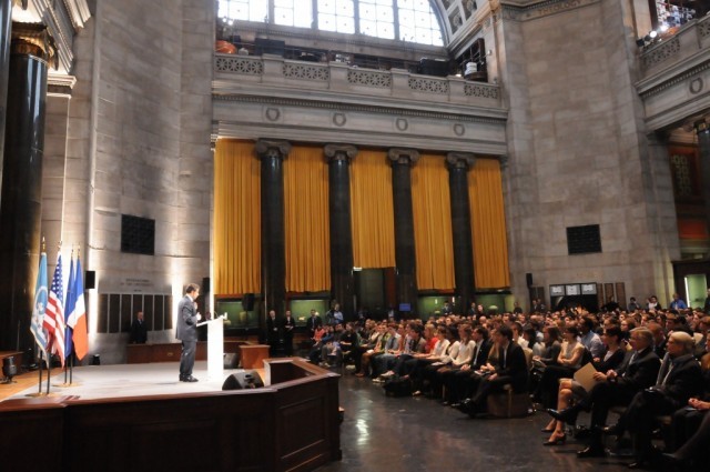 President Sarkozy delivers his address to a full house in the Rotunda of Low Memorial Library.