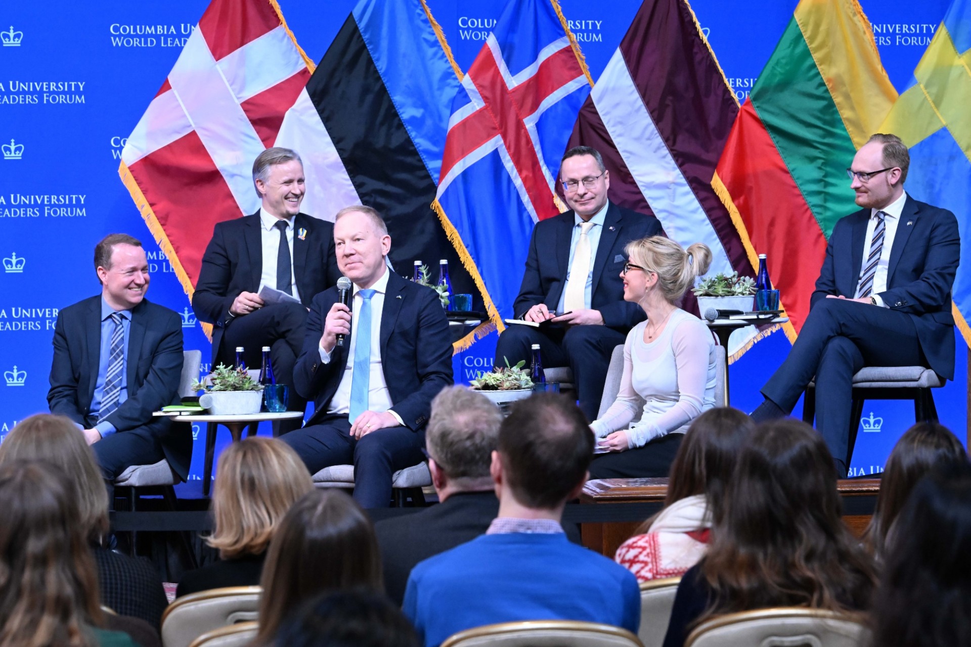 Chairs of the Foreign Affairs Parliamentary Committees, clockwise from left, Rihards Kols, The Saeima of the Republic of Latvia, Žygimantas Pavilionis, The Seimas of the Republic of Lithuania, Aron Emilsson, The Riksdag of the Kingdom of Sweden, Michael Aastrup Jensen, The Folketing of the Kingdom of Denmark, Marko Mihkelson, The Riigikogu of the Republic of Estonia, and Diljá Mist Einarsdóttir, The Althing of Iceland, discuss critical issues confronting the world during World Leaders Forum