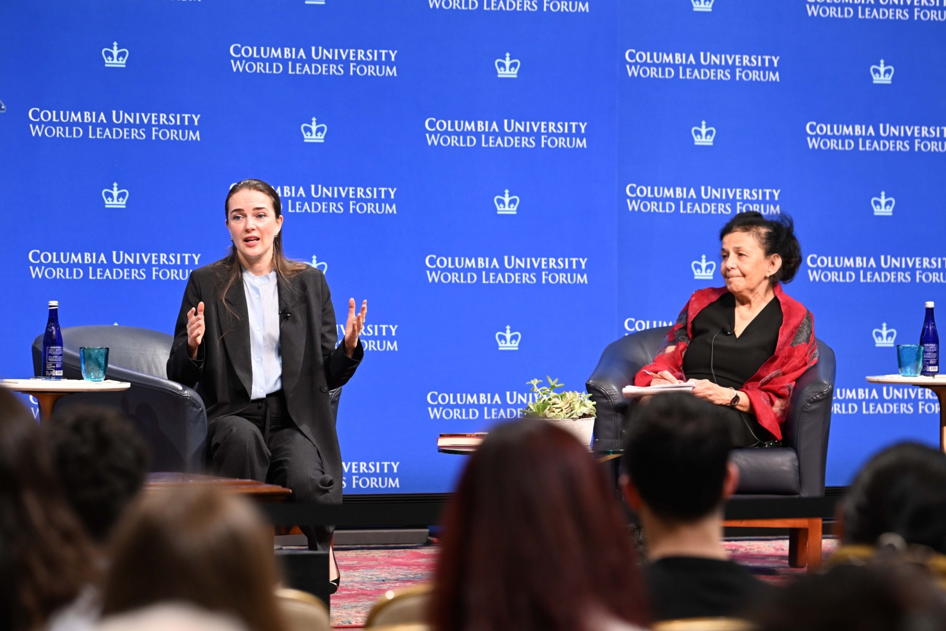 Human Rights Lawyer Oleksandra Matviichuk (left) and Wafaa El-Sadr, Executive Vice President for Columbia Global, (right) speaking during the World Leaders Forum