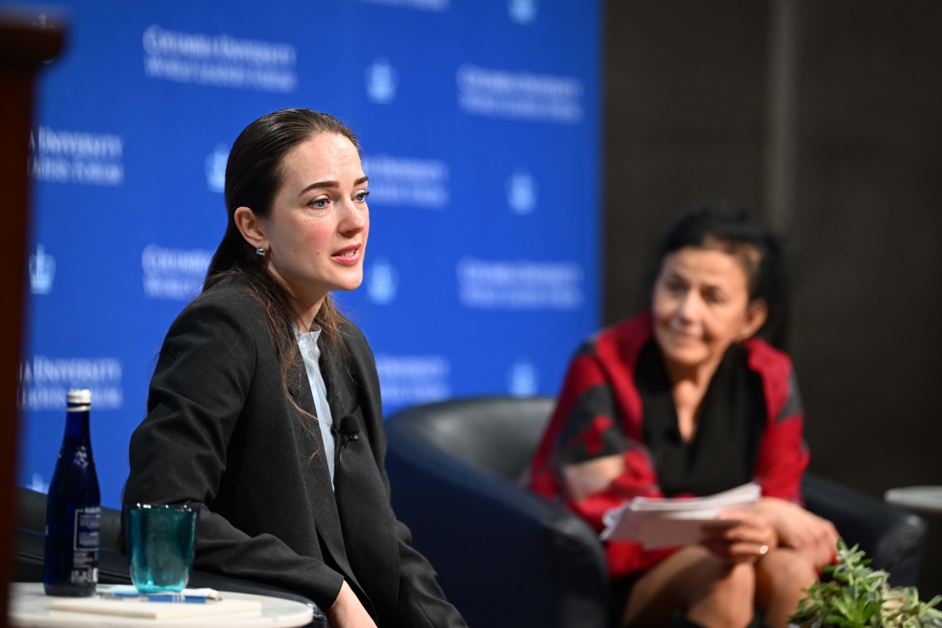 Human Rights Lawyer Oleksandra Matviichuk (left) and Wafaa El-Sadr, Executive Vice President for Columbia Global, (right) speaking during the World Leaders Forum