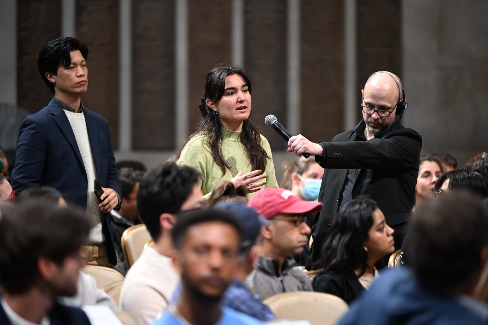 A Columbia University student asks a question during the World Leaders Forum event Q&A