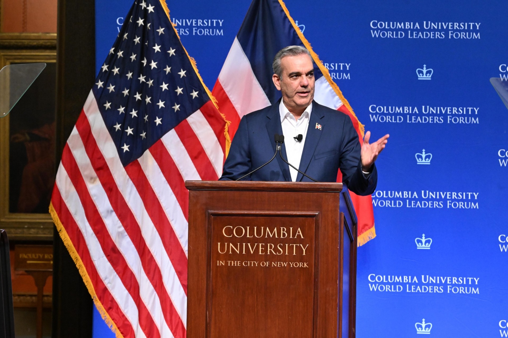 President Luis Abinader Corona of the Dominican Republic speaking at the podium during the World Leaders Forum