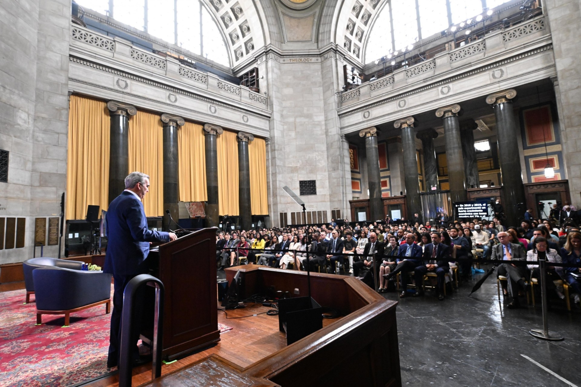 An audience of Columbia University students, scholars, and faculty listen to President Luis Abinader Corona of the Dominican Republic speak during the World Leaders Forum