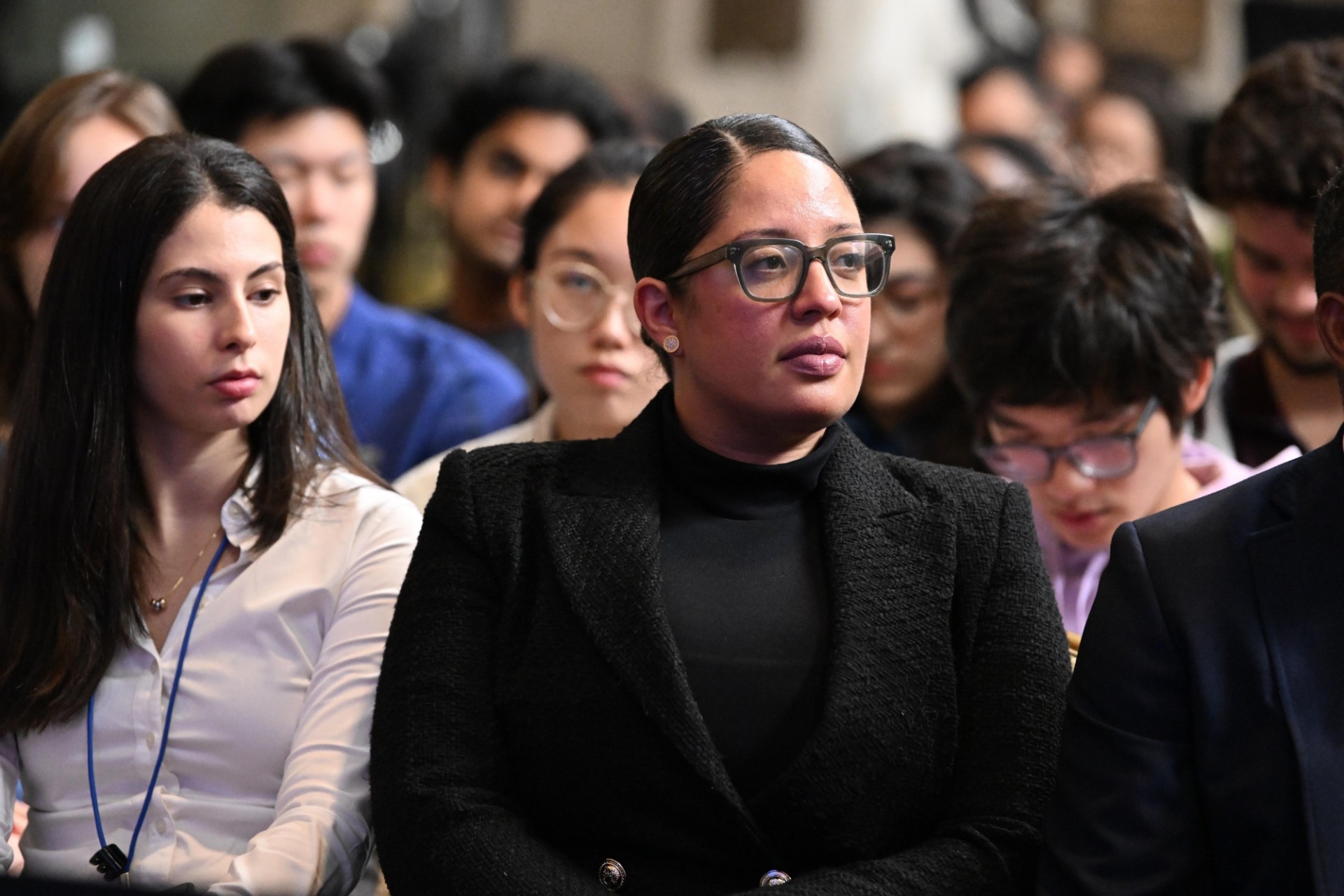 Audience members listen to a conversation with President Luis Abinader Corona of the Dominican Republic and Maria Victoria Murillo, Director of the Institute for Latin American Studies and Professor of Political Science and International and Public Affairs, during the World Leaders Forum
