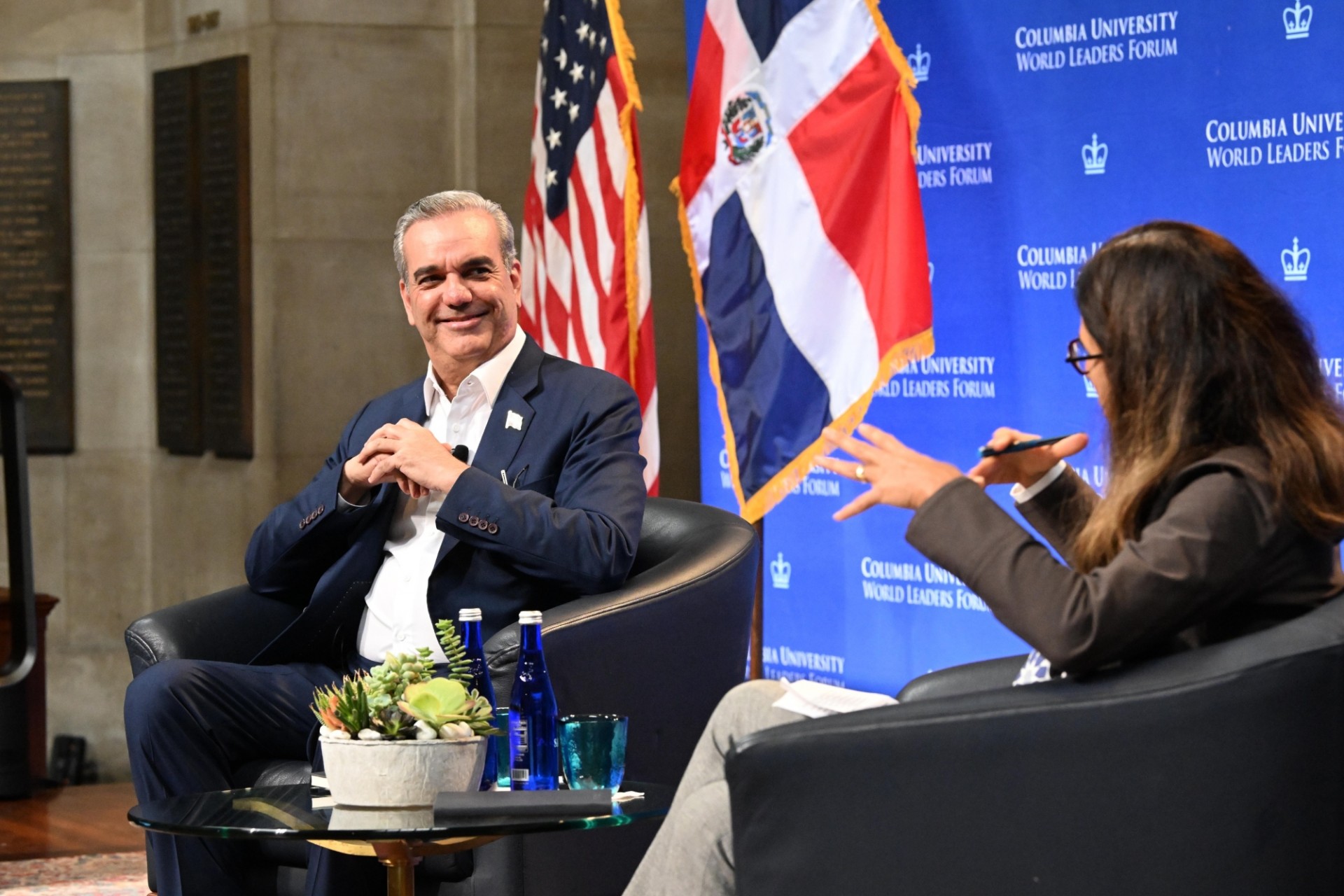 President Luis Abinader Corona of the Dominican Republic (left) and Maria Victoria Murillo, Director of the Institute for Latin American Studies and Professor of Political Science and International and Public Affairs (right), speak to each other during the World Leaders Forum