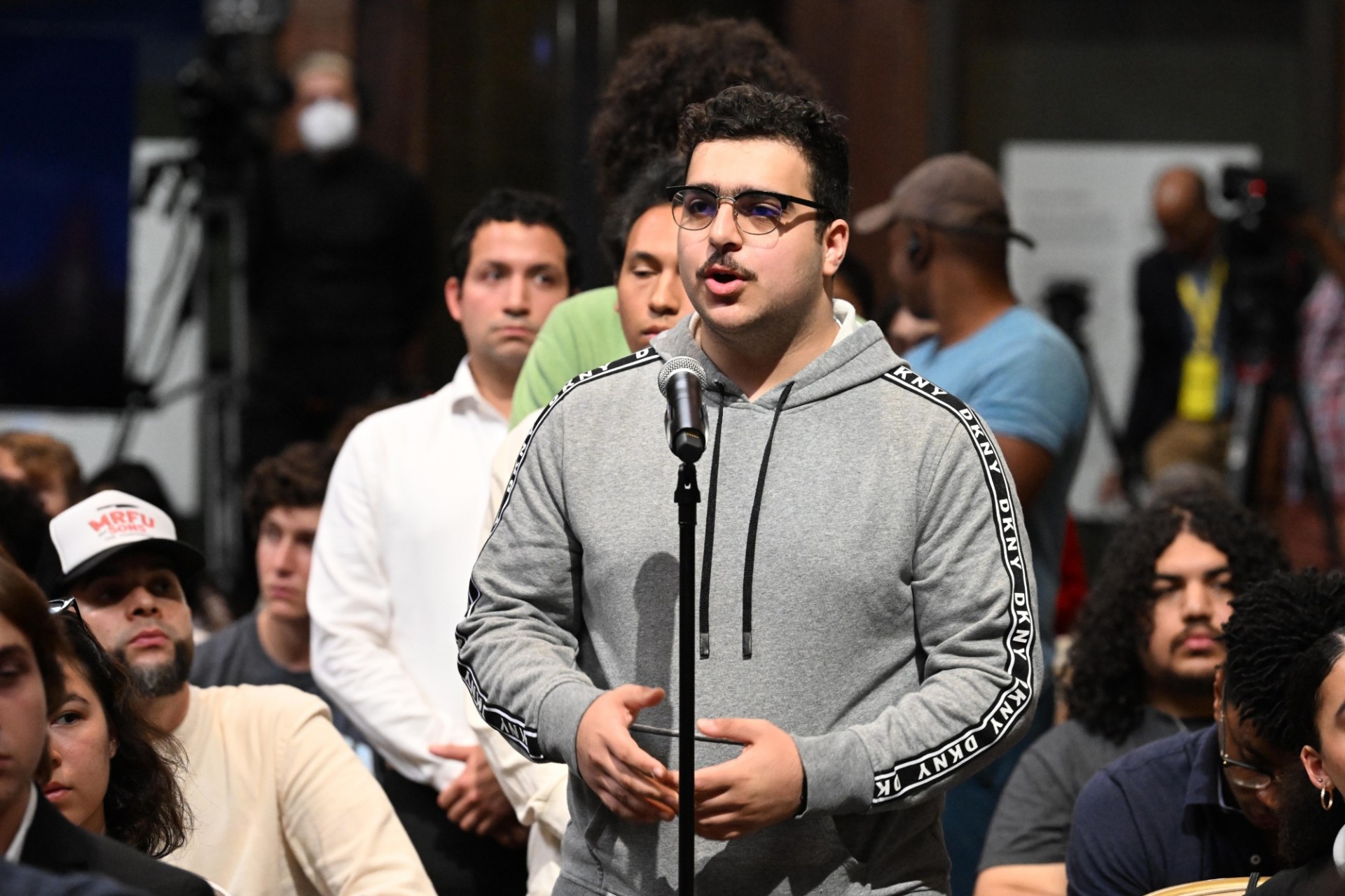 A Columbia University student asks a question during the World Leaders Forum event Q&A