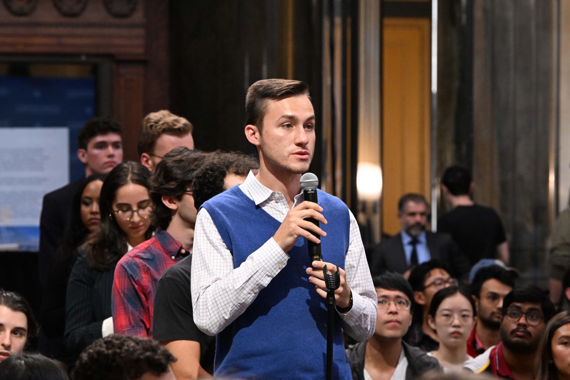 A Columbia University student asks a question during the World Leaders Forum event Q&A