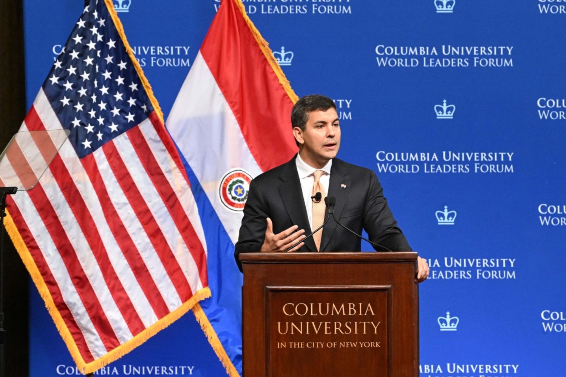 President Santiago Peña Palacios of the Republic of Paraguay speaks during the World Leaders Forum