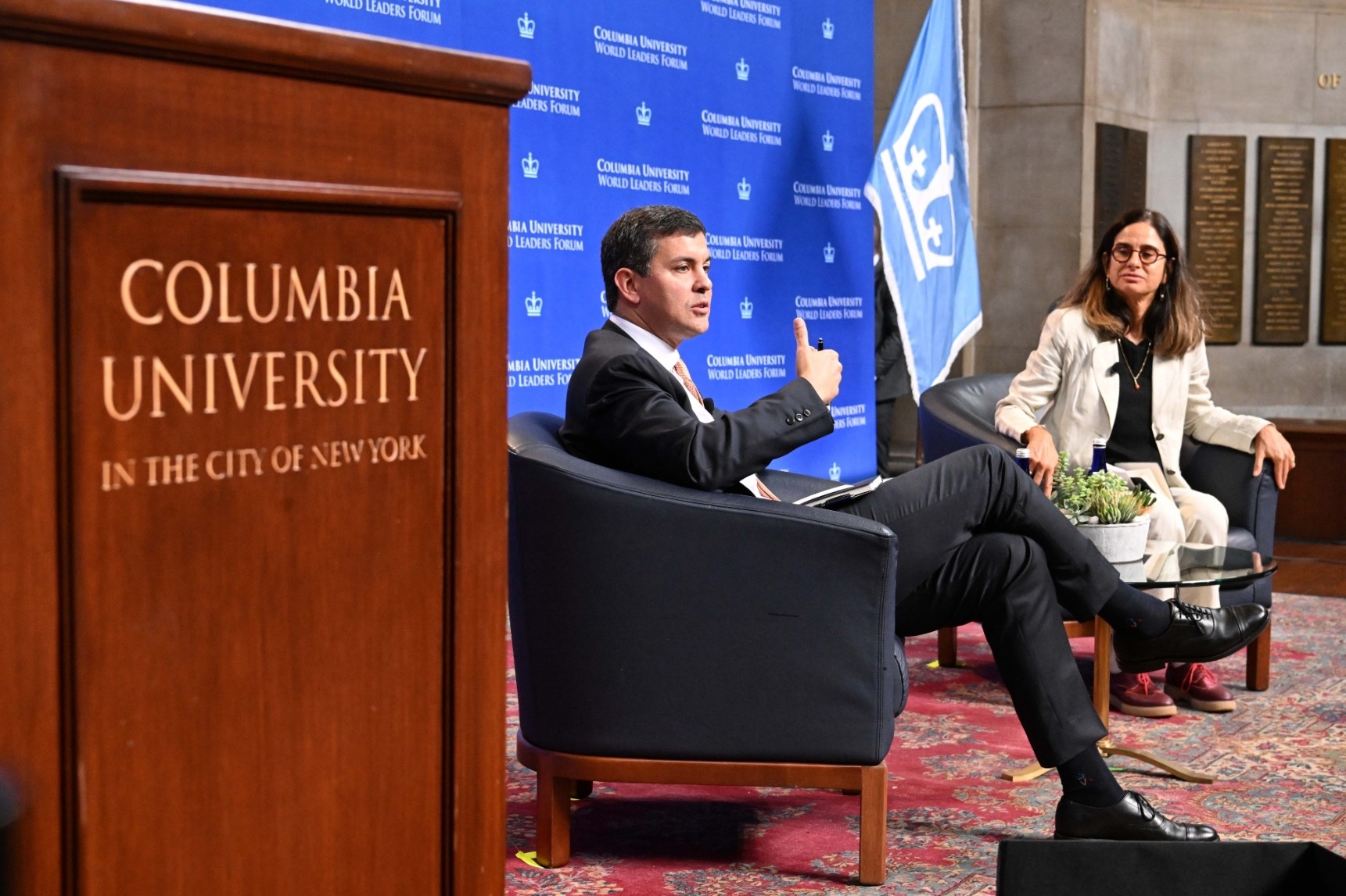President Santiago Peña Palacios of the Republic of Paraguay (left) and Maria Victoria Murillo, Director of the Institute for Latin American Studies and Professor of Political Science and International and Public Affairs, speak to each other during the World Leaders Forum