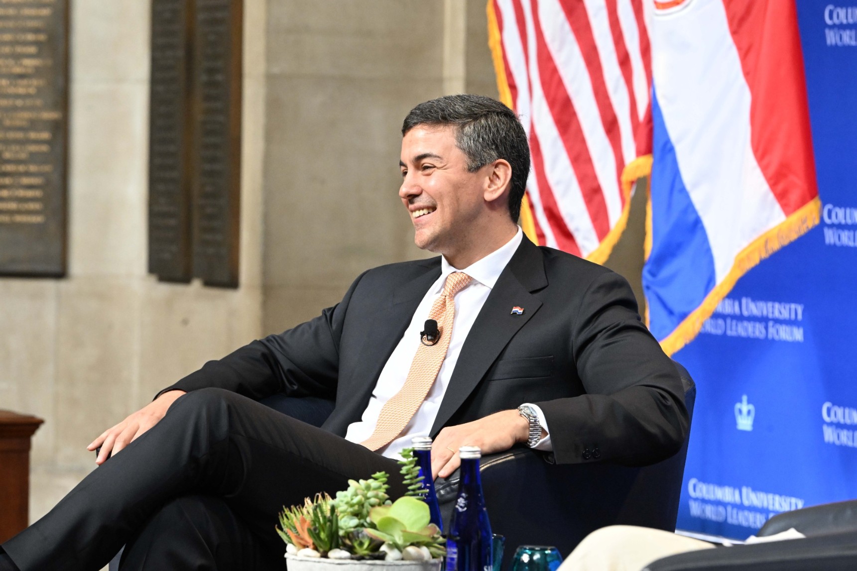 President Santiago Peña Palacios of the Republic of Paraguay speaks during the World Leaders Forum