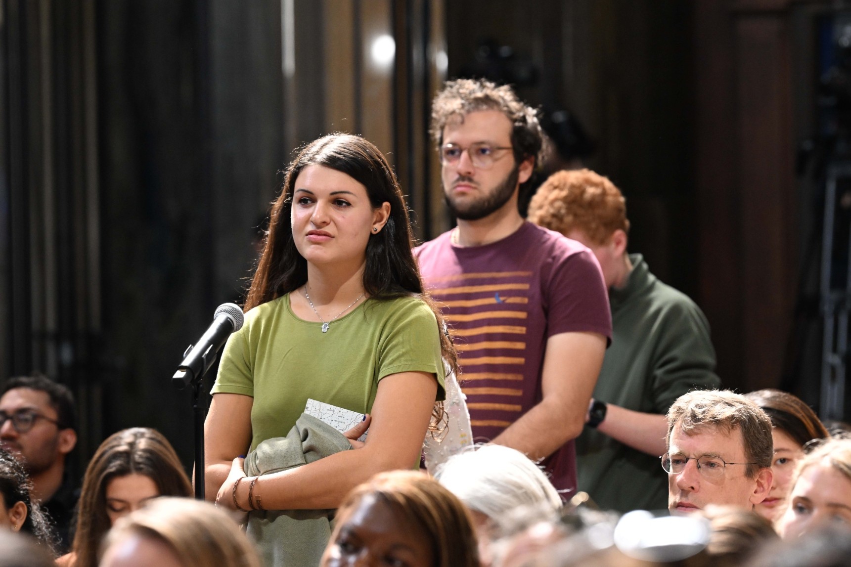 A Columbia University student asks a question during the World Leaders Forum event Q&A