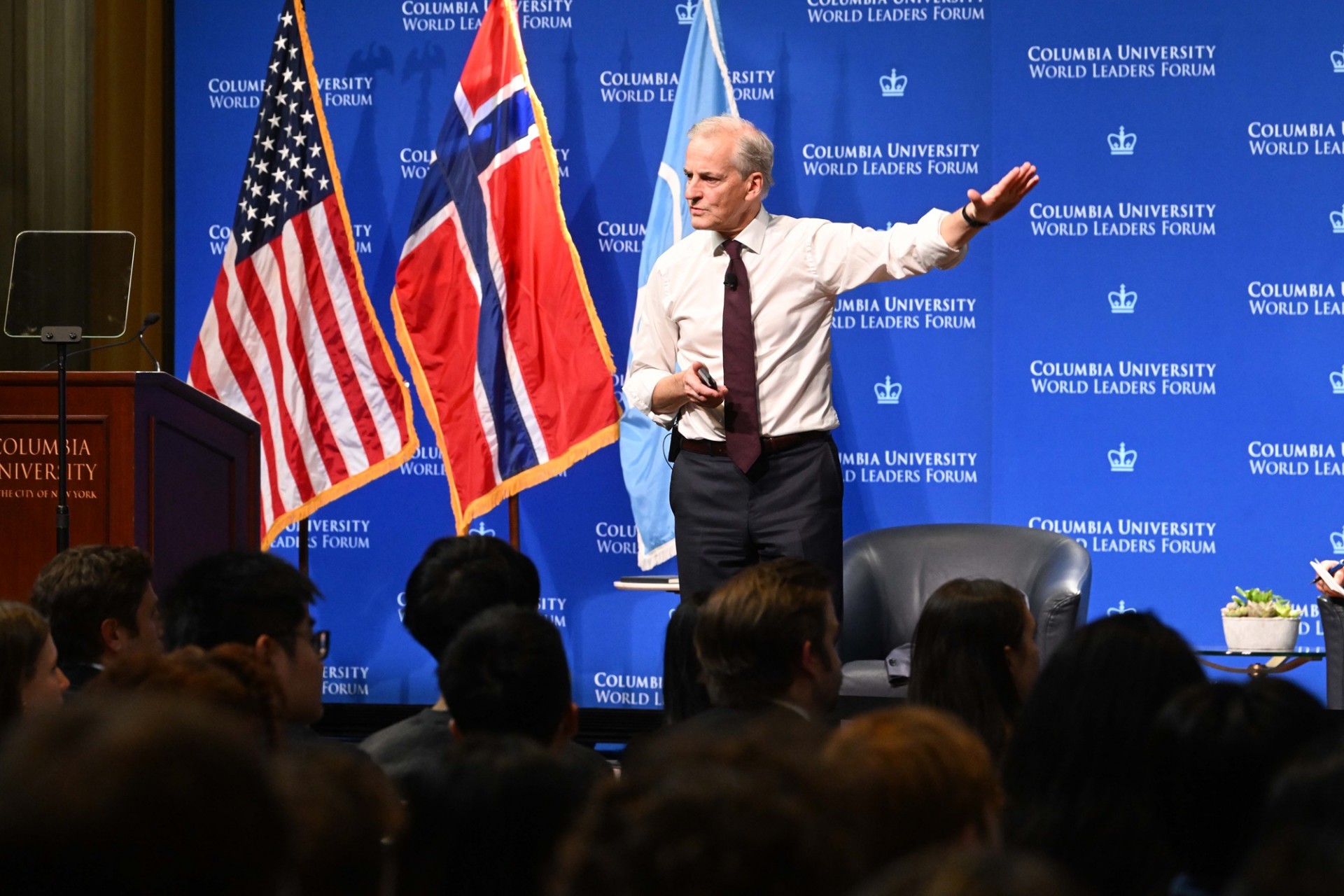Prime Minister of Norway giving keynote presentation.