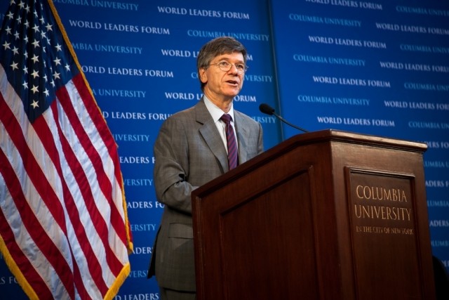Jeffrey D. Sachs, Director of the Earth Institute at Columbia University, welcomes the audience to the World Leaders Forum program titled, “Children in the Age of Sustainable Development,” on September 26, 2014.